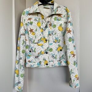 Liz Claiborne Long Sleeve Cotton Beige Denim Jacket Multicolor Beach Print Small